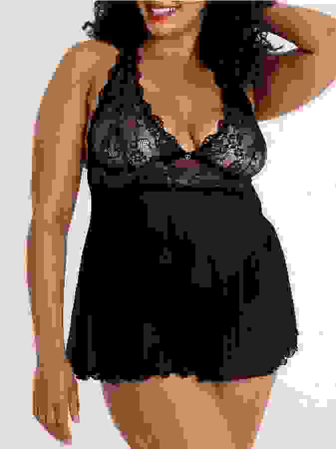 Lovehoney Plus Size Bombshell Black Lace Babydoll Set , Black, hi-res